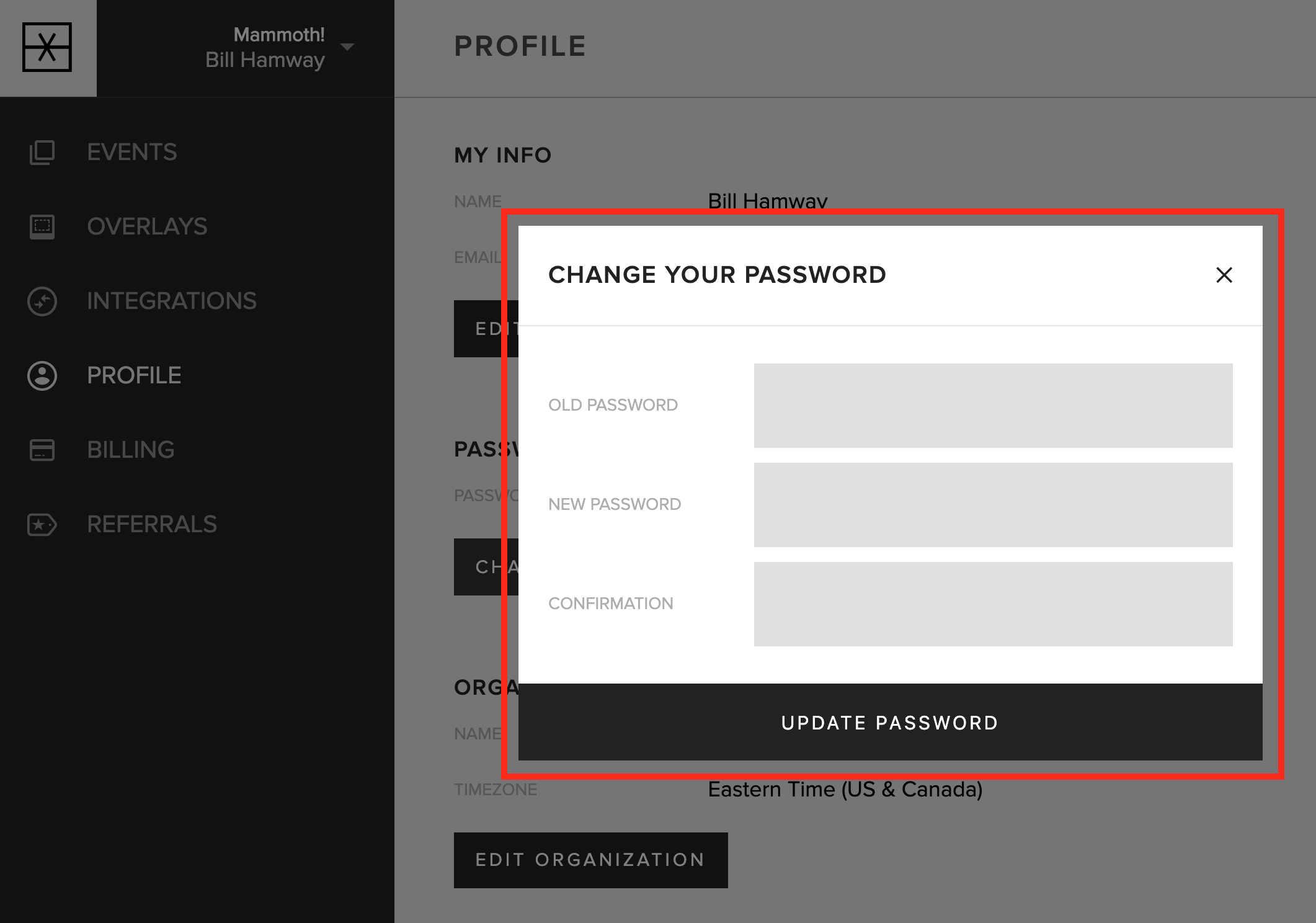 The change password form