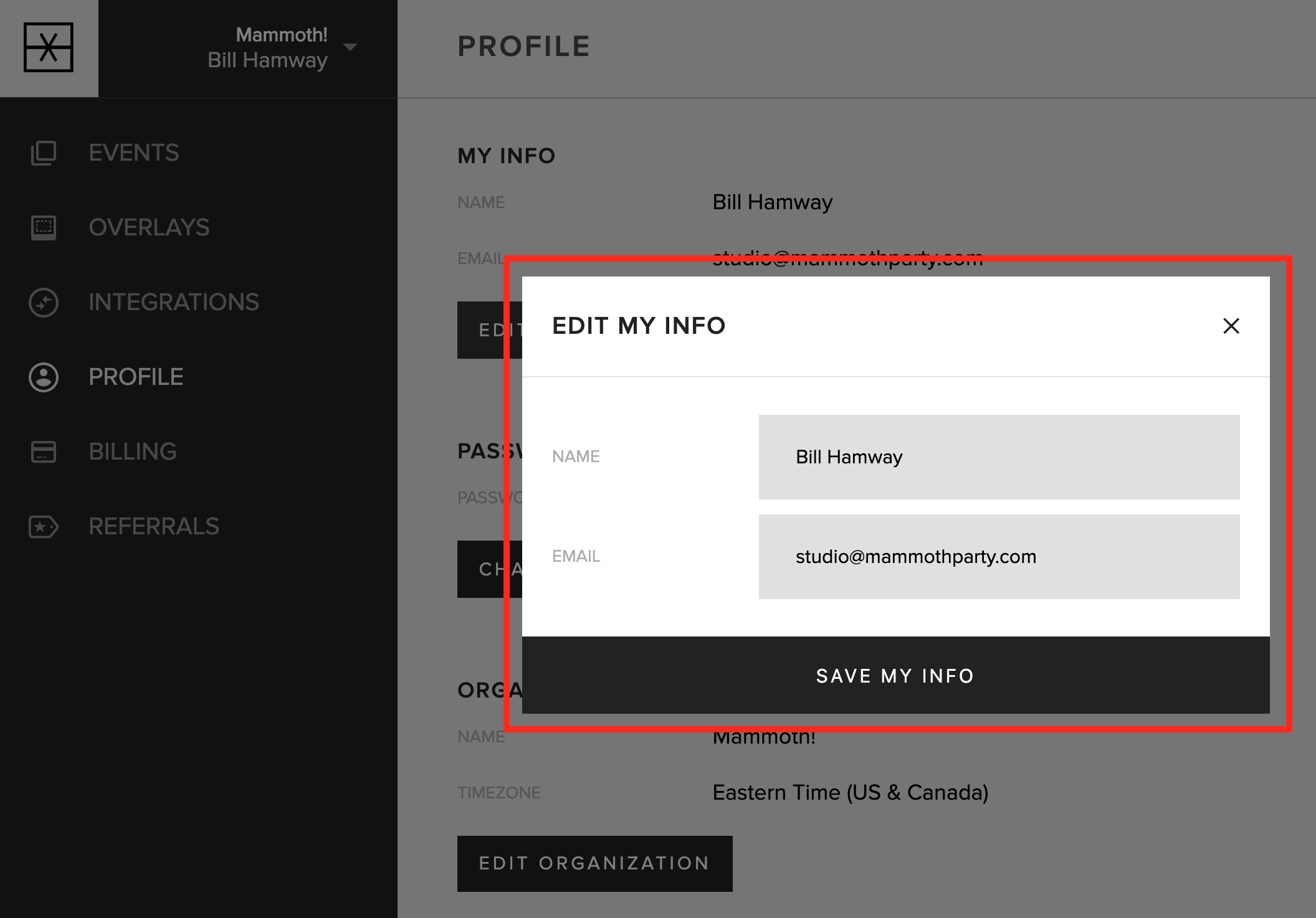 The form for editing your name and email address