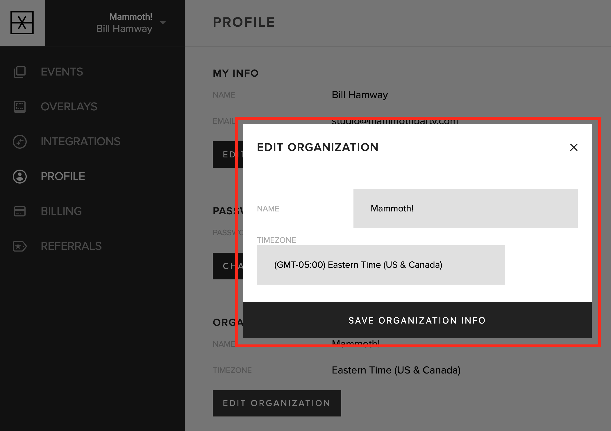 The timezone menu in organization settings