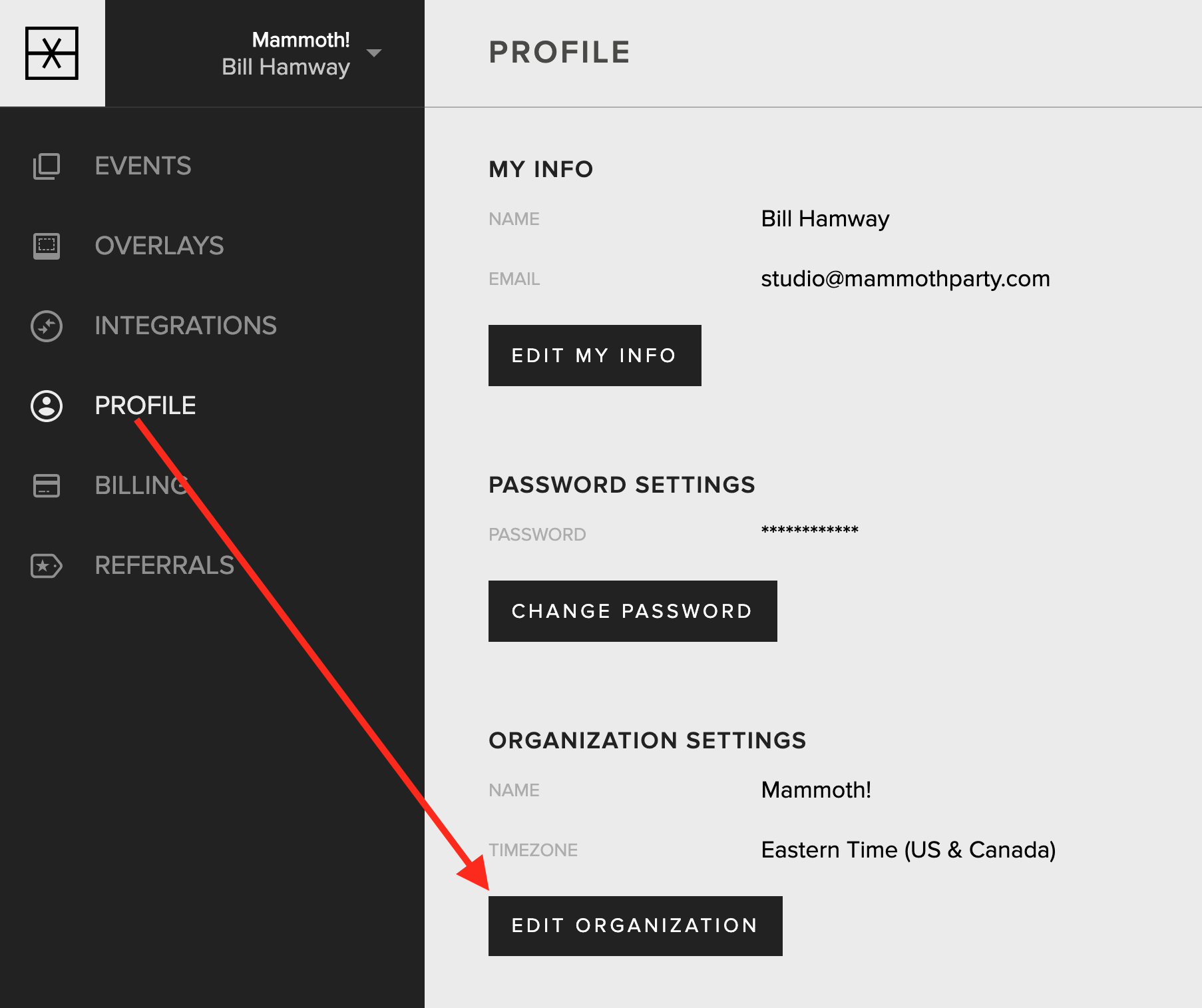 The Organization Settings section on the Profile tab