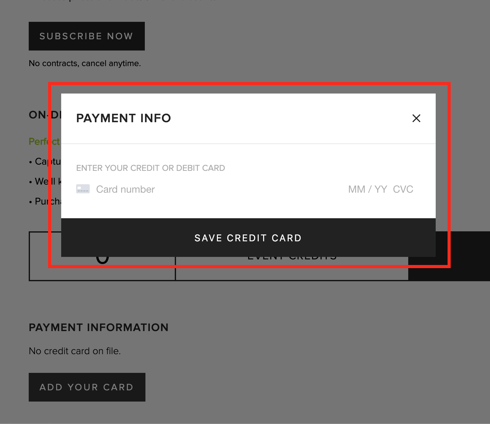 A saved credit card on the Billing tab
