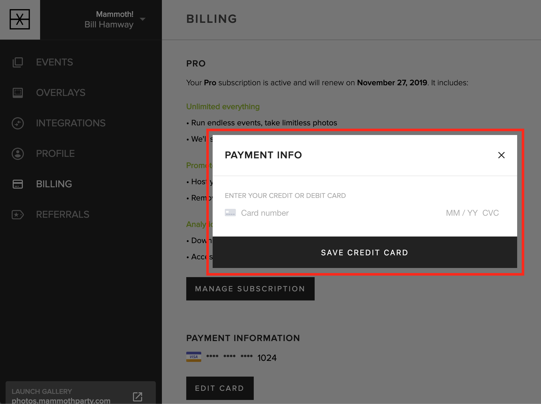 The form for updating a credit card