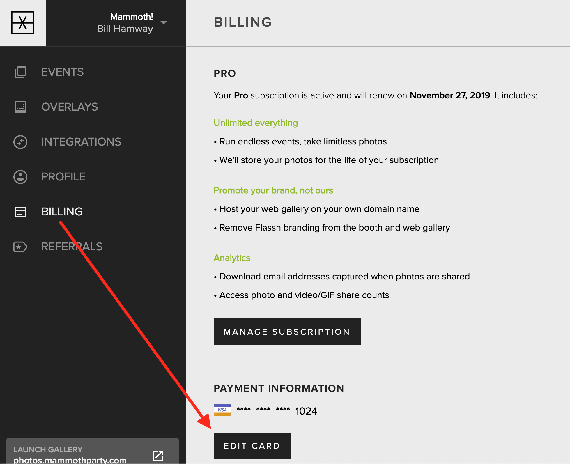 The Edit Card button on the Billing tab