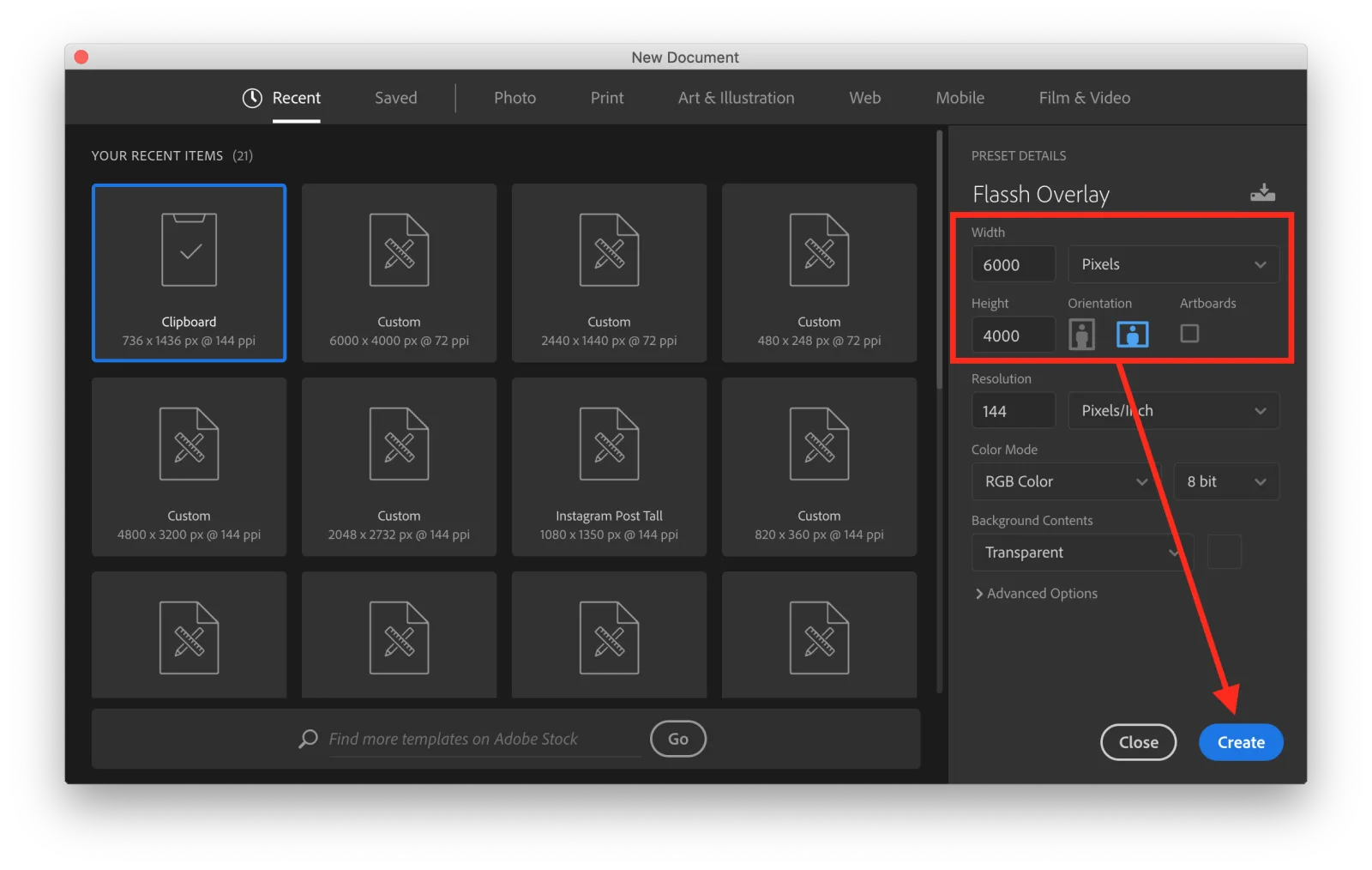 A new 6,000 × 4,000 pixel document in Photoshop