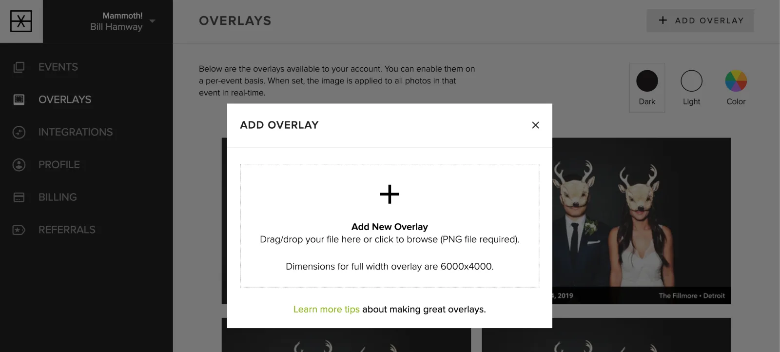 Dropping a PNG file onto the overlay uploader