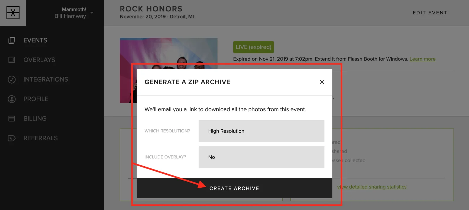 Archive settings with the Create archive button