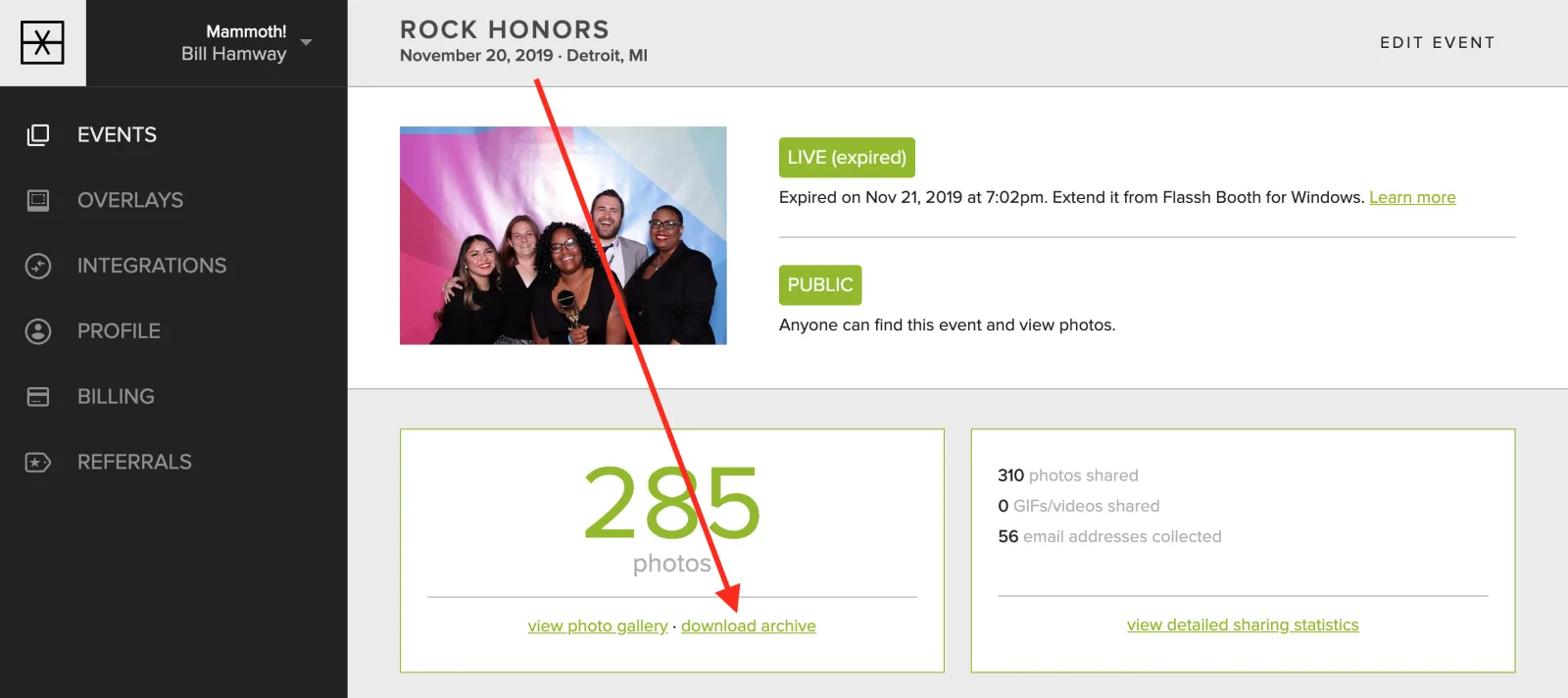 The Download archive link on an event page