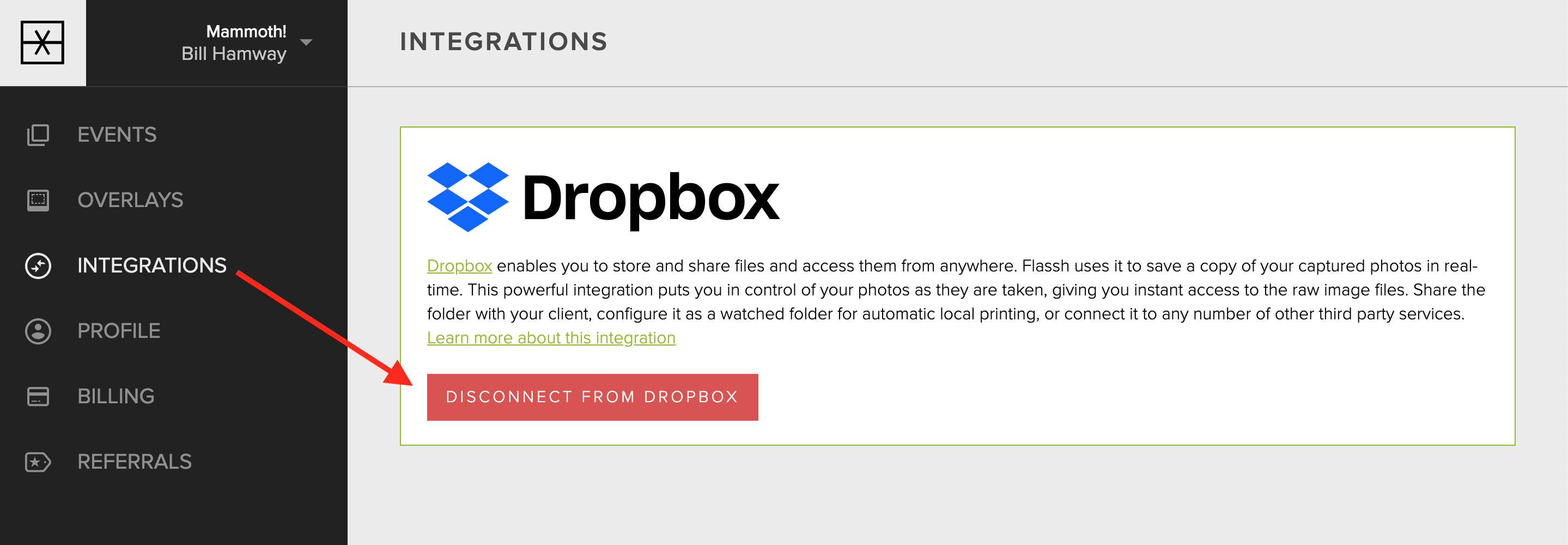 The Connect to Dropbox button on the Integrations tab