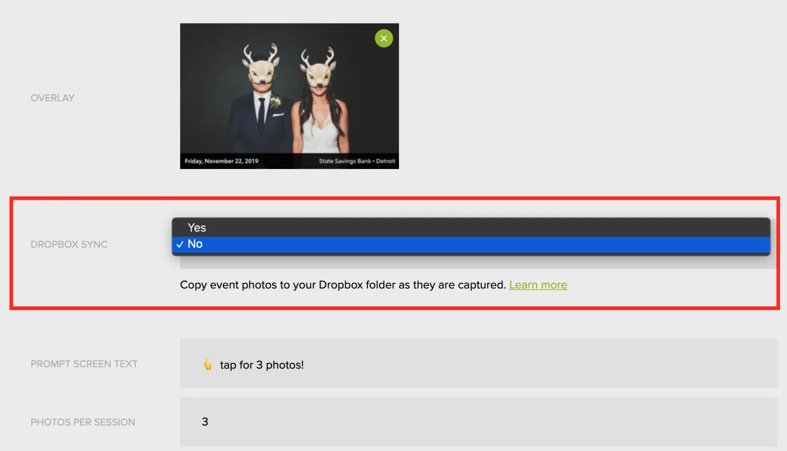The Dropbox Sync option in event settings