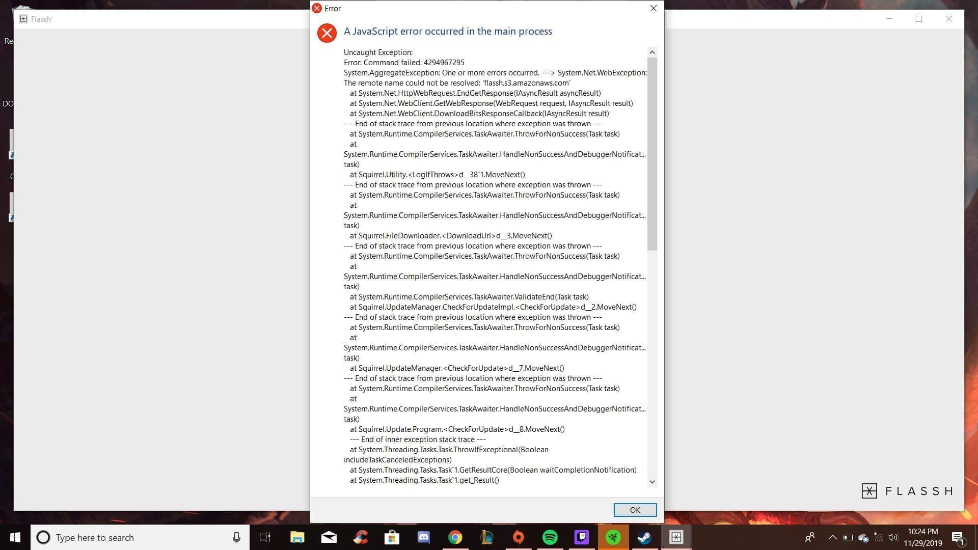 Flassh Booth showing “A JavaScript error occurred in the main process”