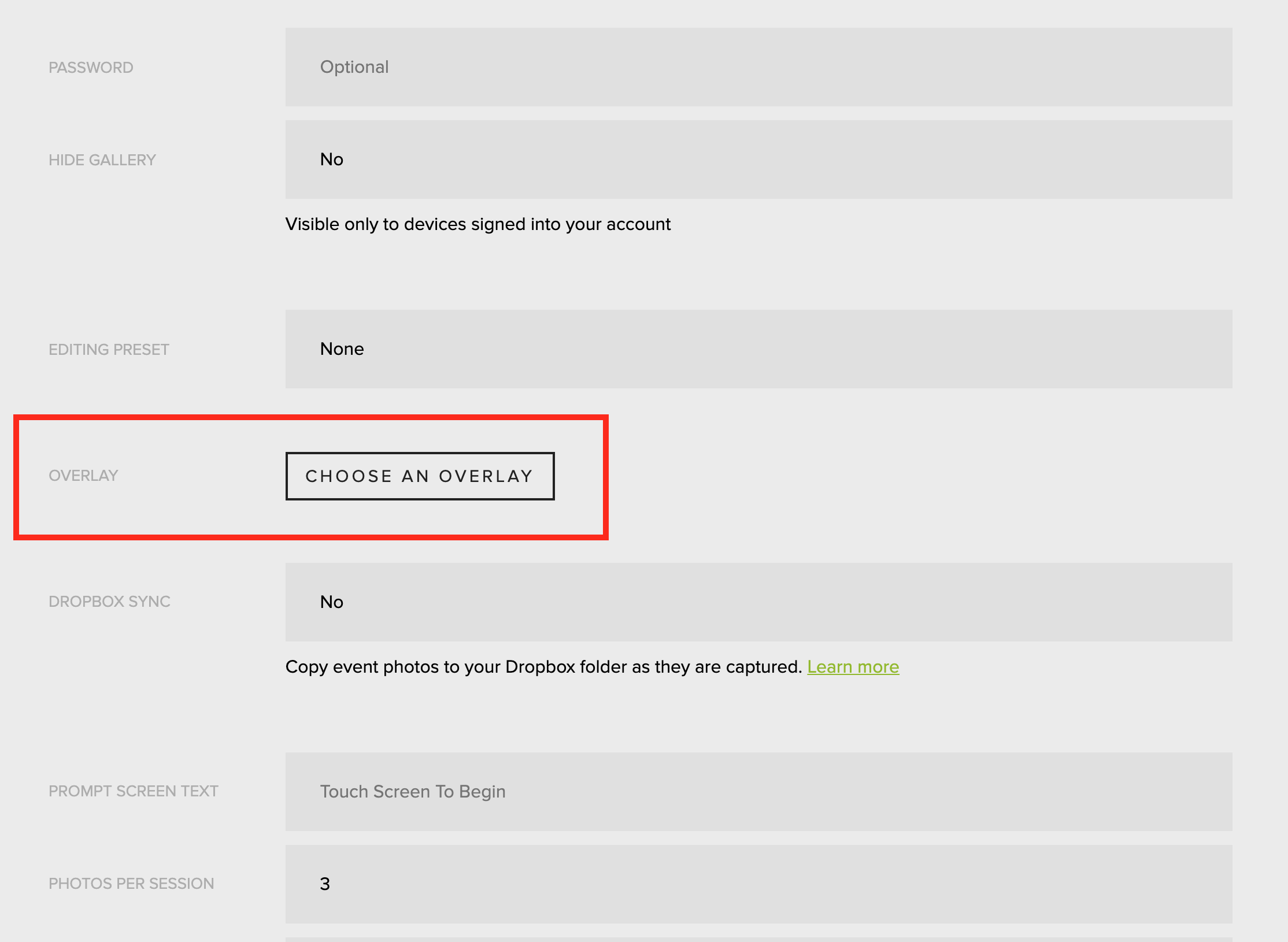 The Choose an Overlay button in event settings