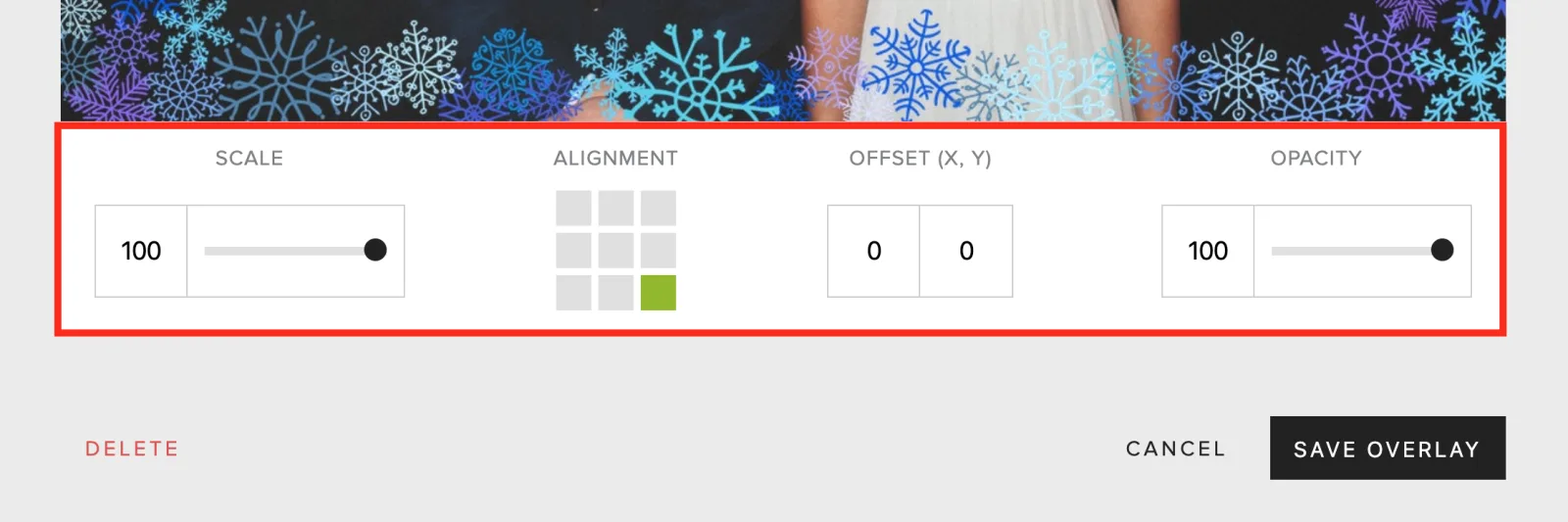Overlay size, alignment, offset, and opacity settings