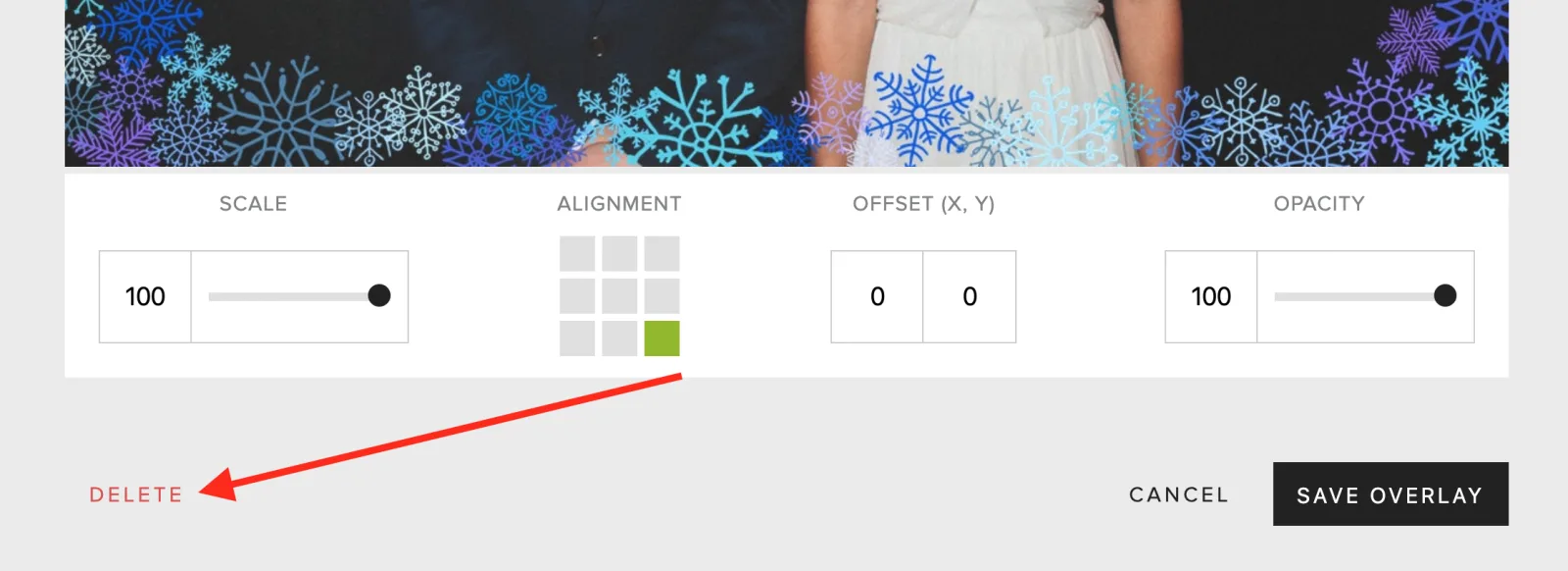 The delete button on the overlay edit screen