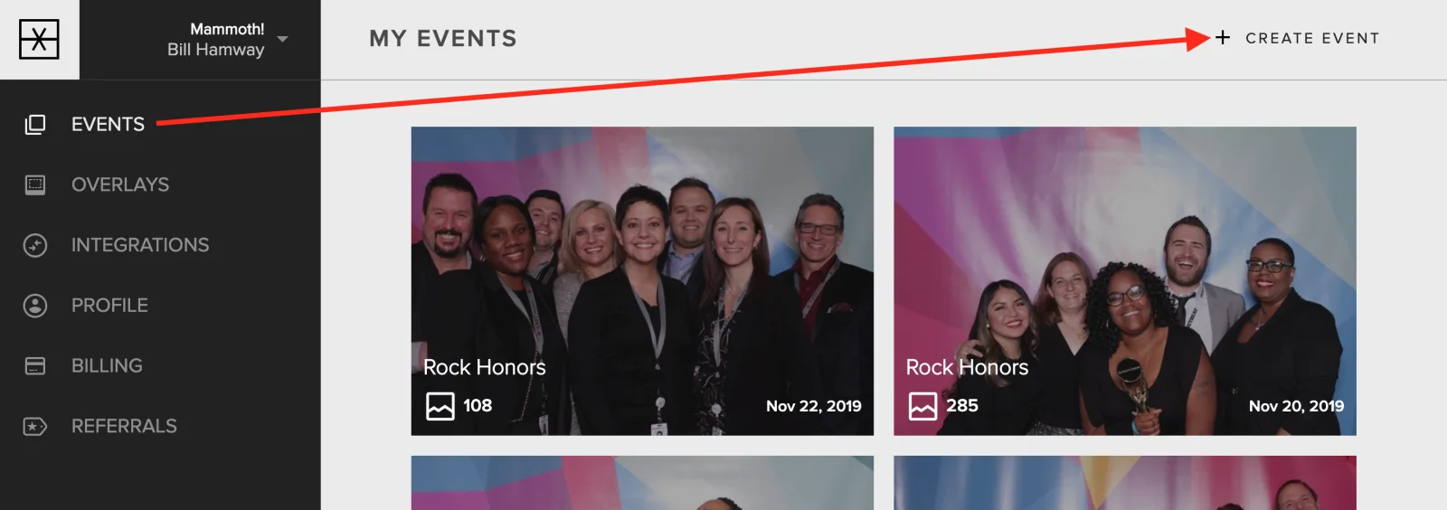 The Events tab in a Flassh account on the web