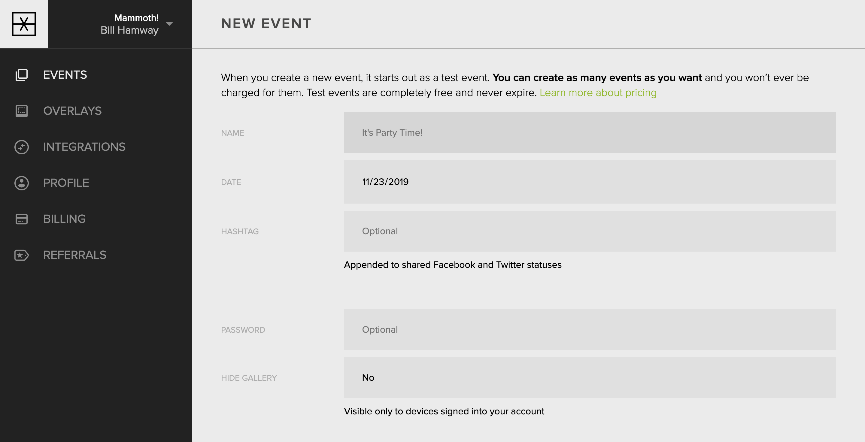 Event settings with the password and hide gallery options