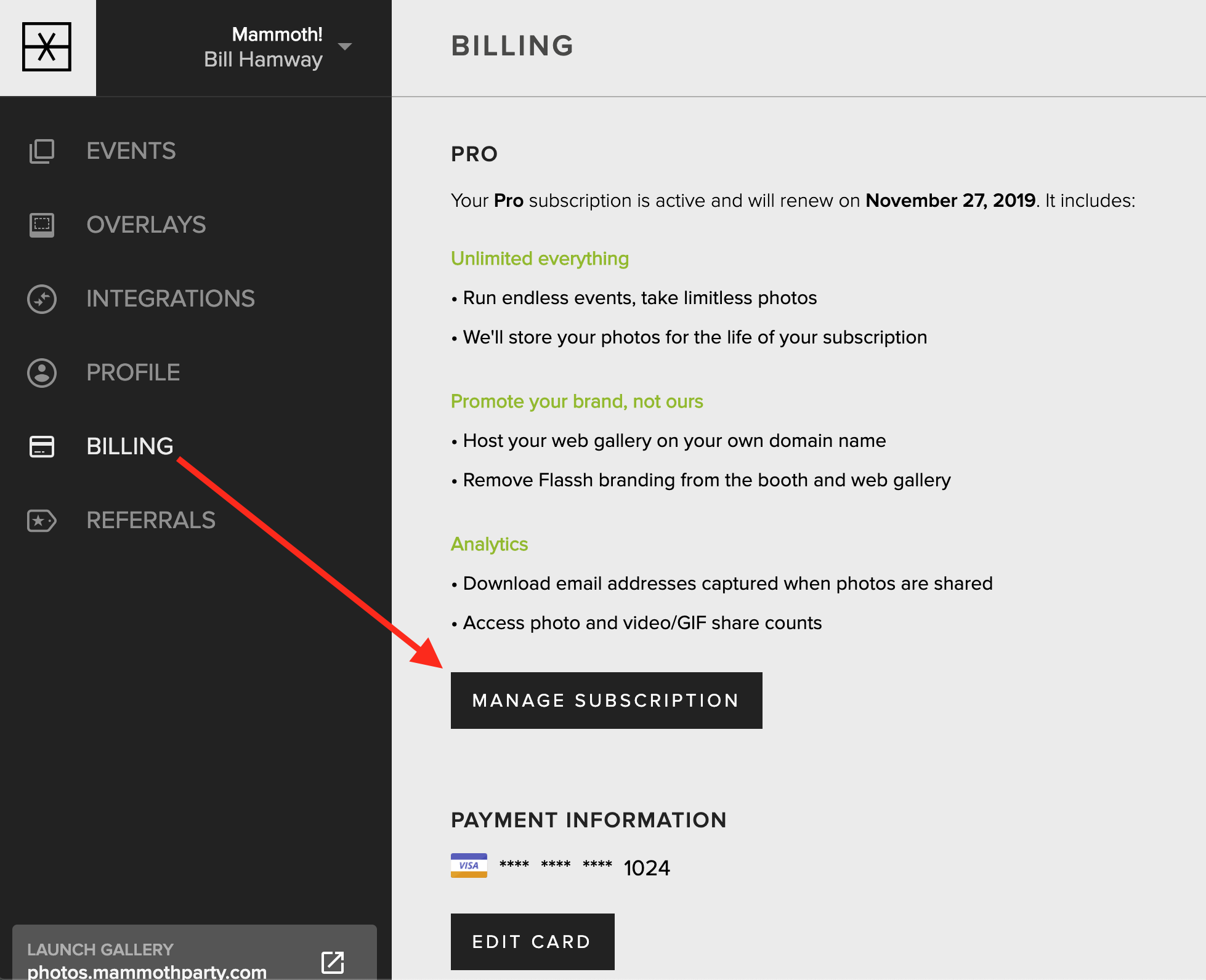 Subscription details with the Cancel Subscription button