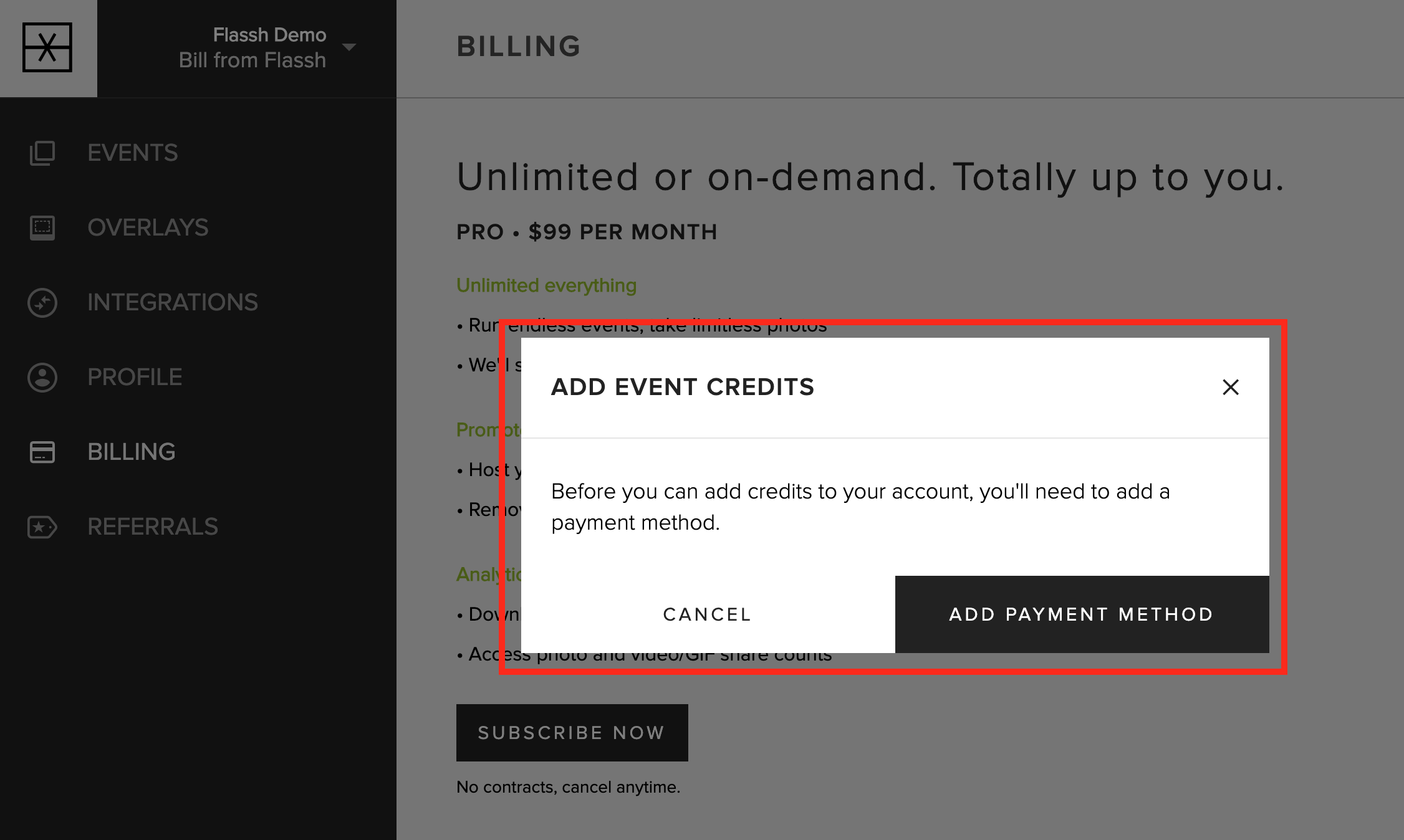 Choosing how many event credits to buy