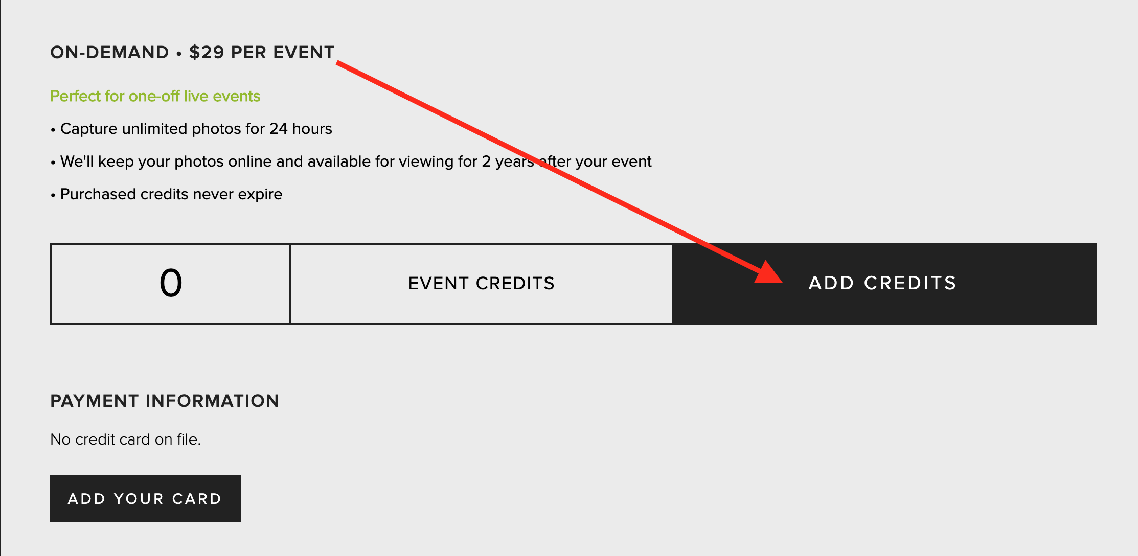 The Add Credits button on the Billing tab