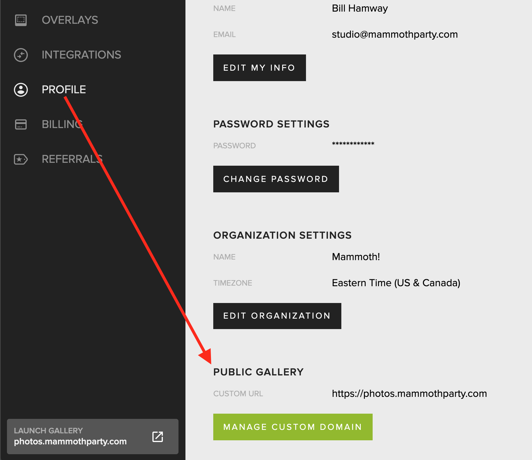 The Public Gallery section on the Profile tab