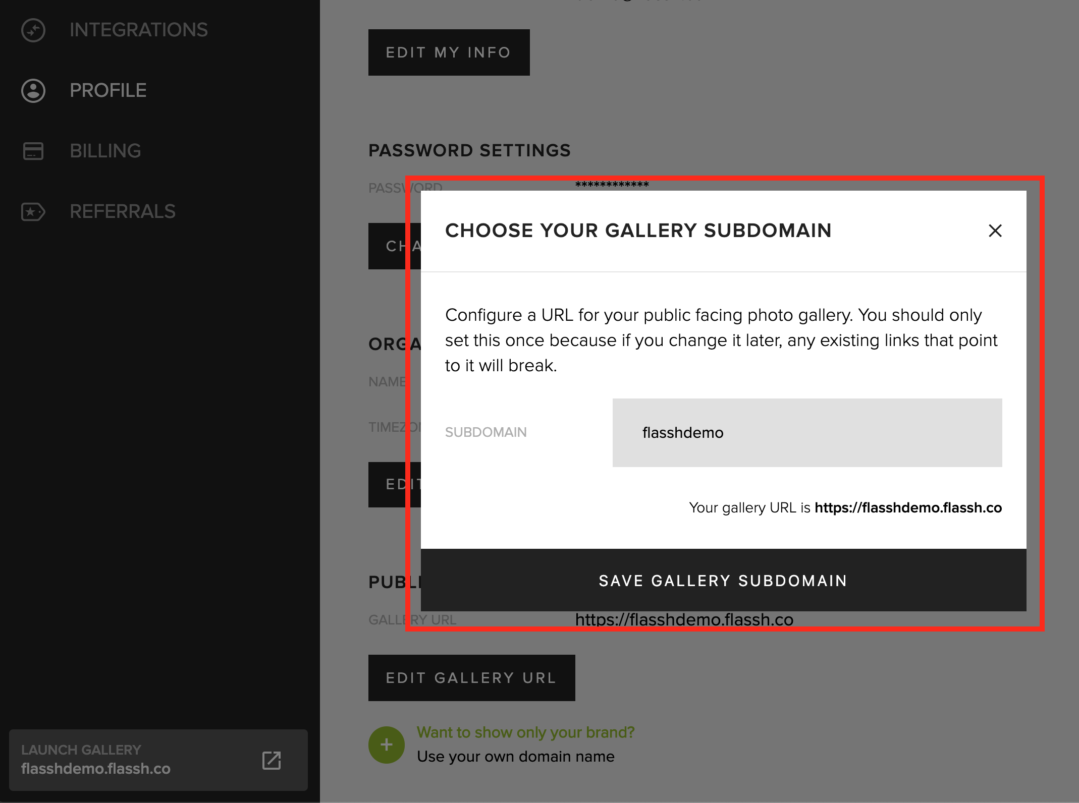 The form for choosing a gallery subdomain