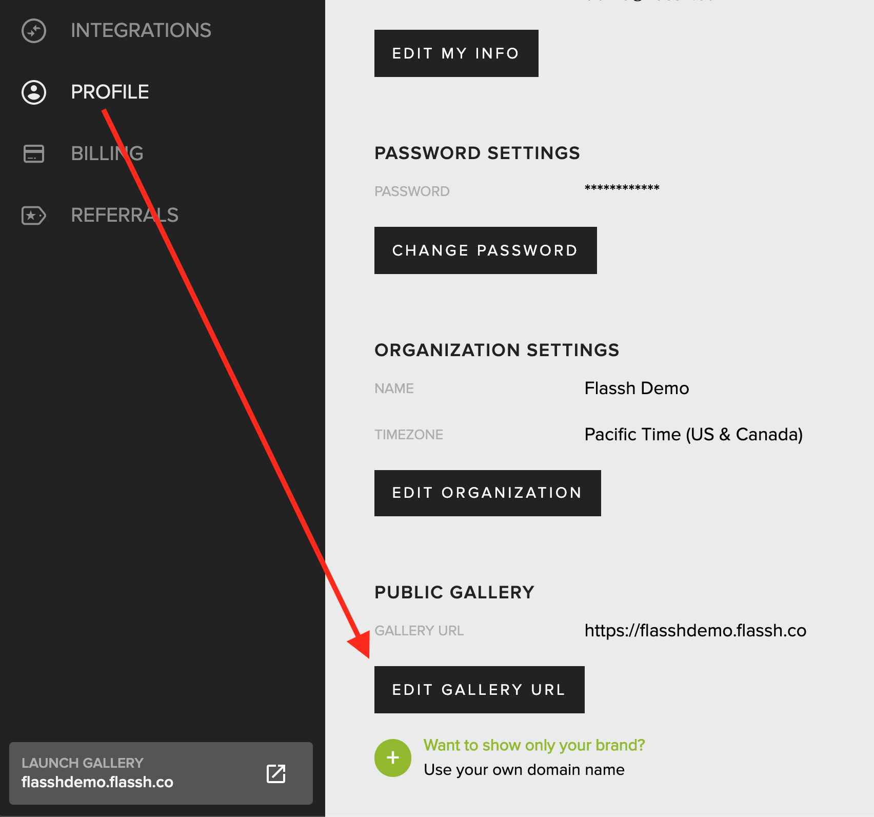 The Edit Gallery URL button in the Public Gallery section