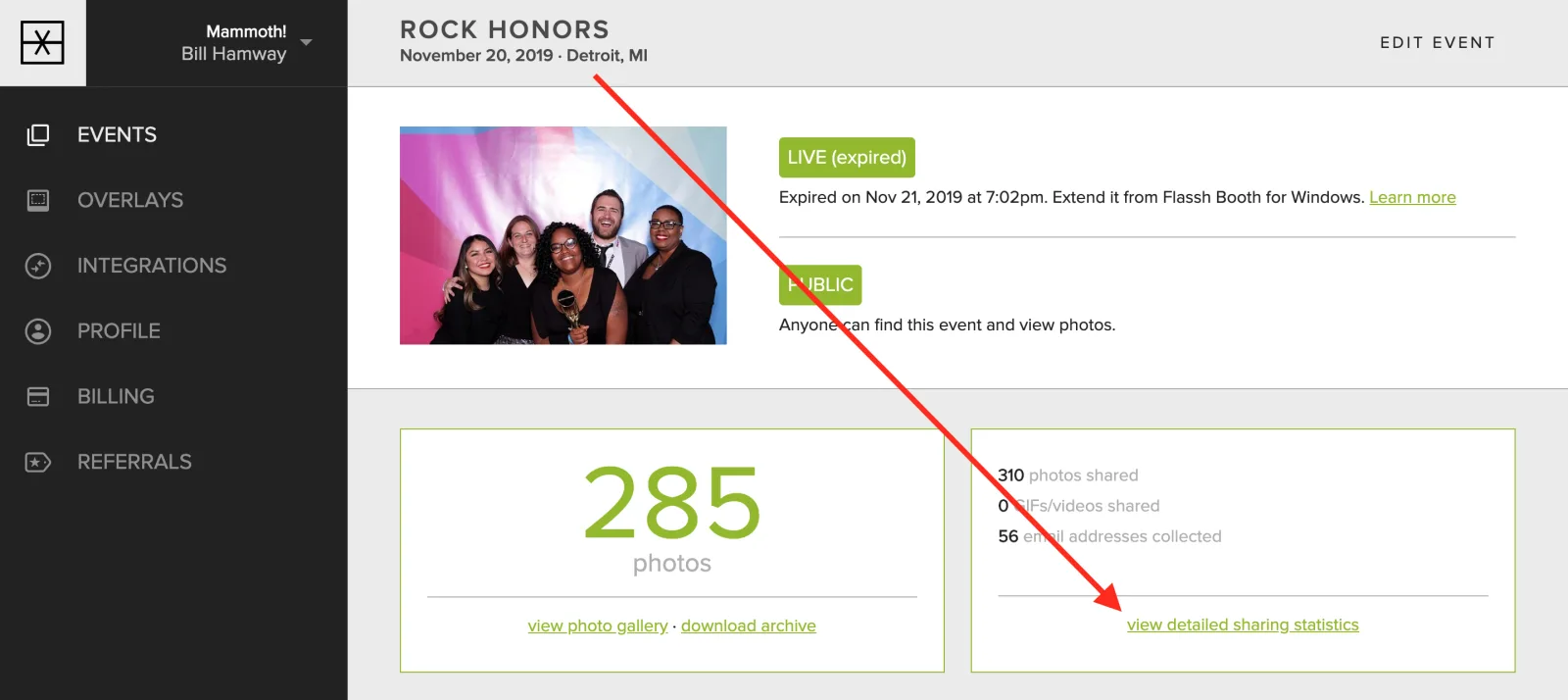 The View detailed sharing statistics link on an event page