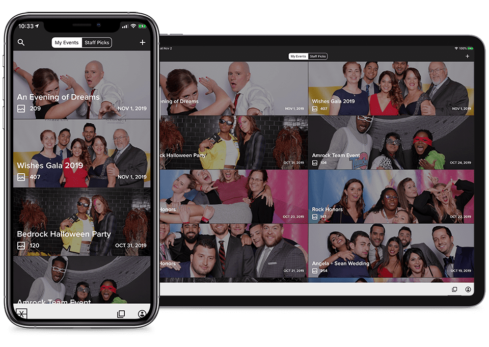 Flassh on an iPhone and an iPad showing event photo galleries