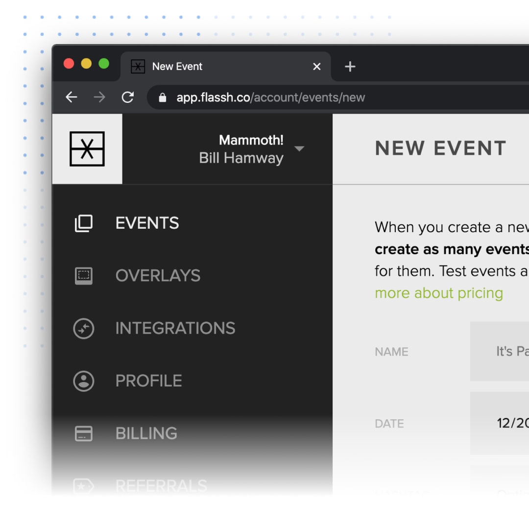 The events list in the Flassh web app