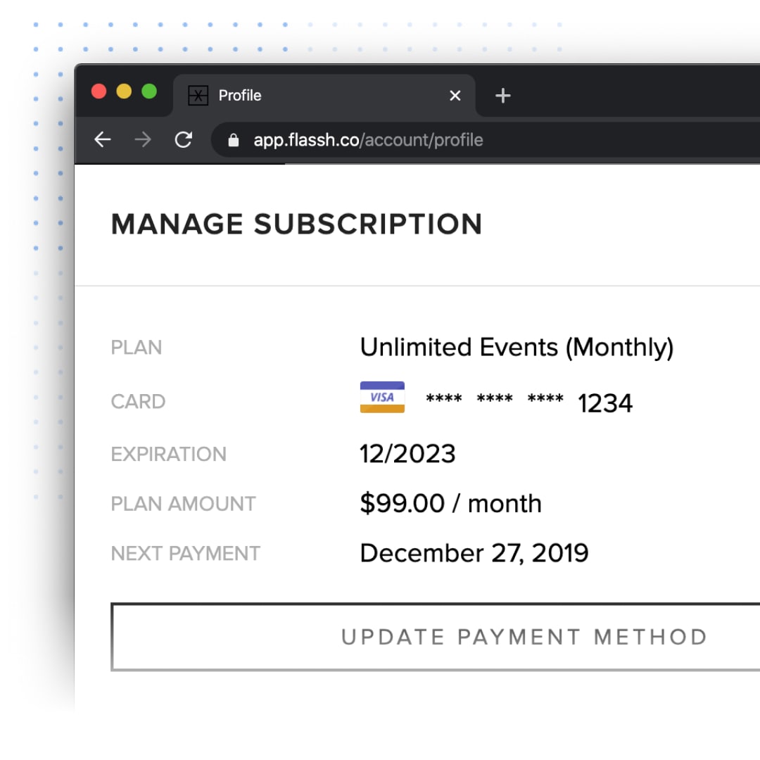Billing settings in the Flassh web app