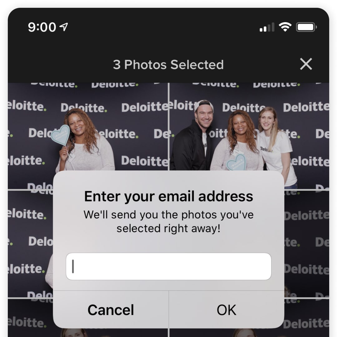 A guest entering their email address to receive selected photos on the Flassh iPad kiosk