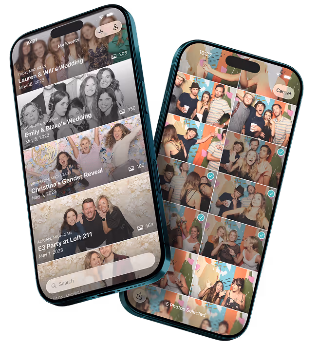 Flassh on two iPhones showing a live event photo gallery