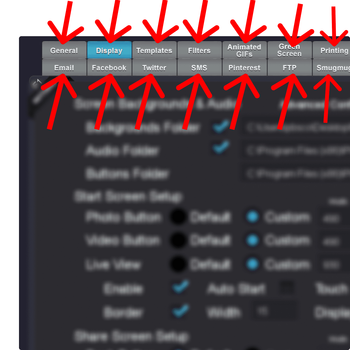 A cluttered settings screen in traditional photo booth software, with a tab for every feature